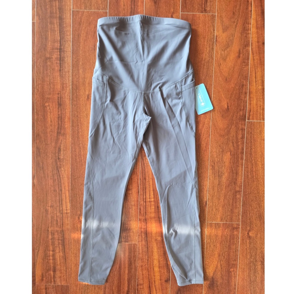 JoySpels Womens Maternity Leggings Gray High Waisted Over Belly Pockets Size S